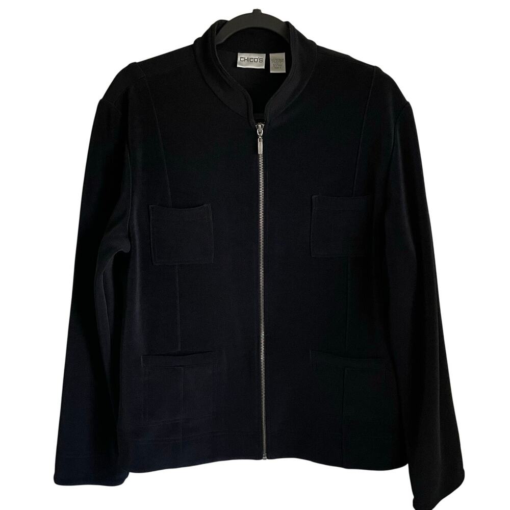Chico’s Full Zip Black Jacket Sz L Stretch Knit Minimalist Normcore Staple